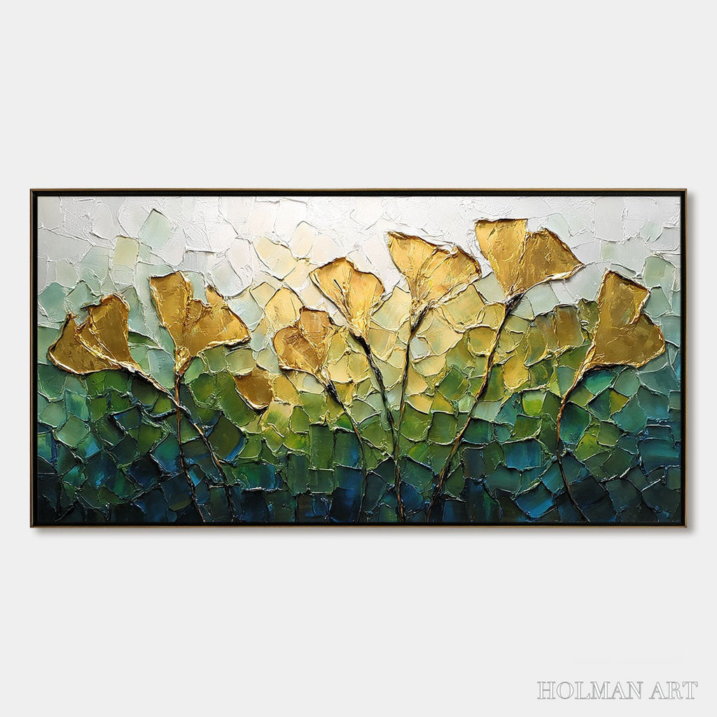 HOLMAN ART Gilded Ginkgo – Textured Golden Floral Impasto Oil Painting - image 1