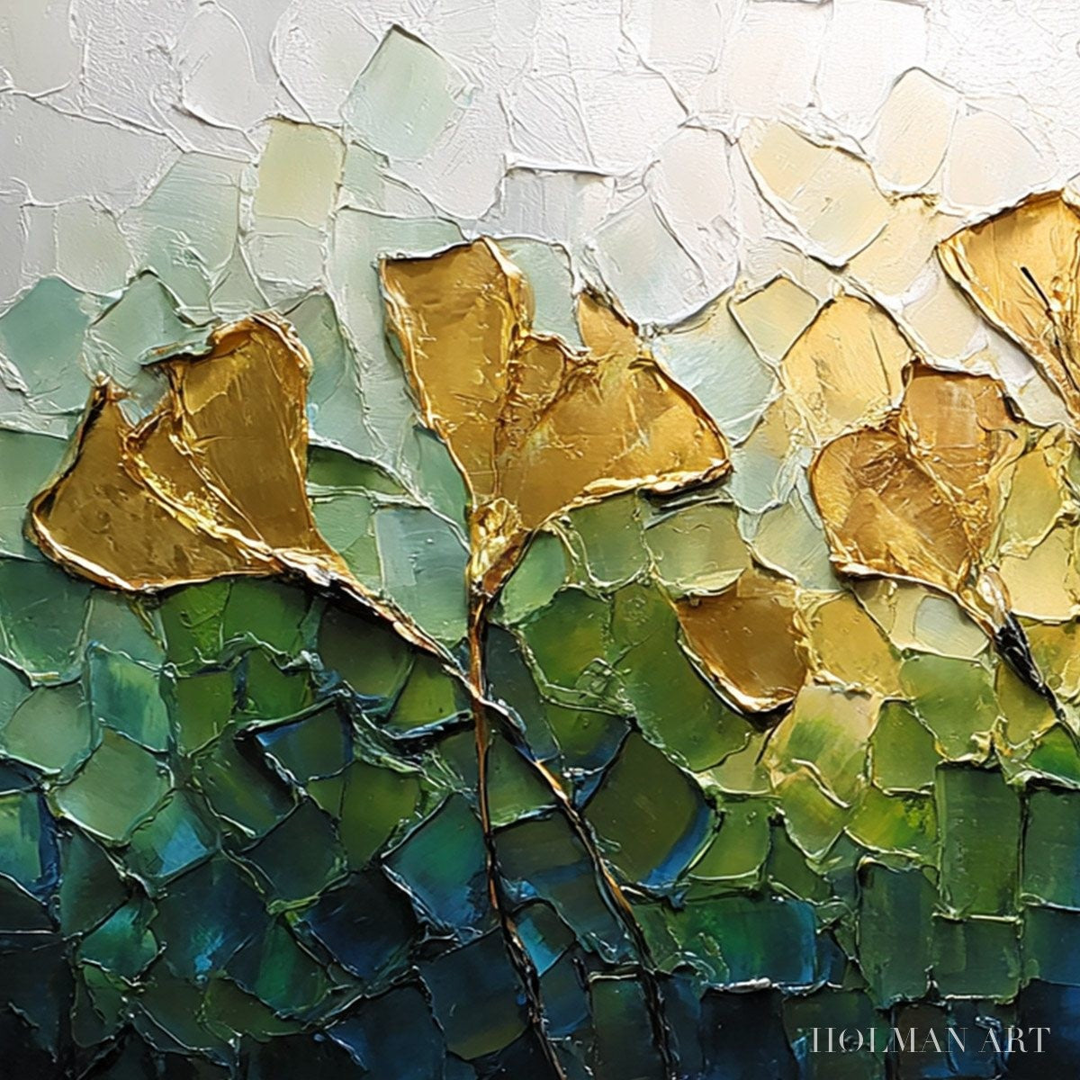 HOLMAN ART Gilded Ginkgo – Textured Golden Floral Impasto Oil Painting - image 3