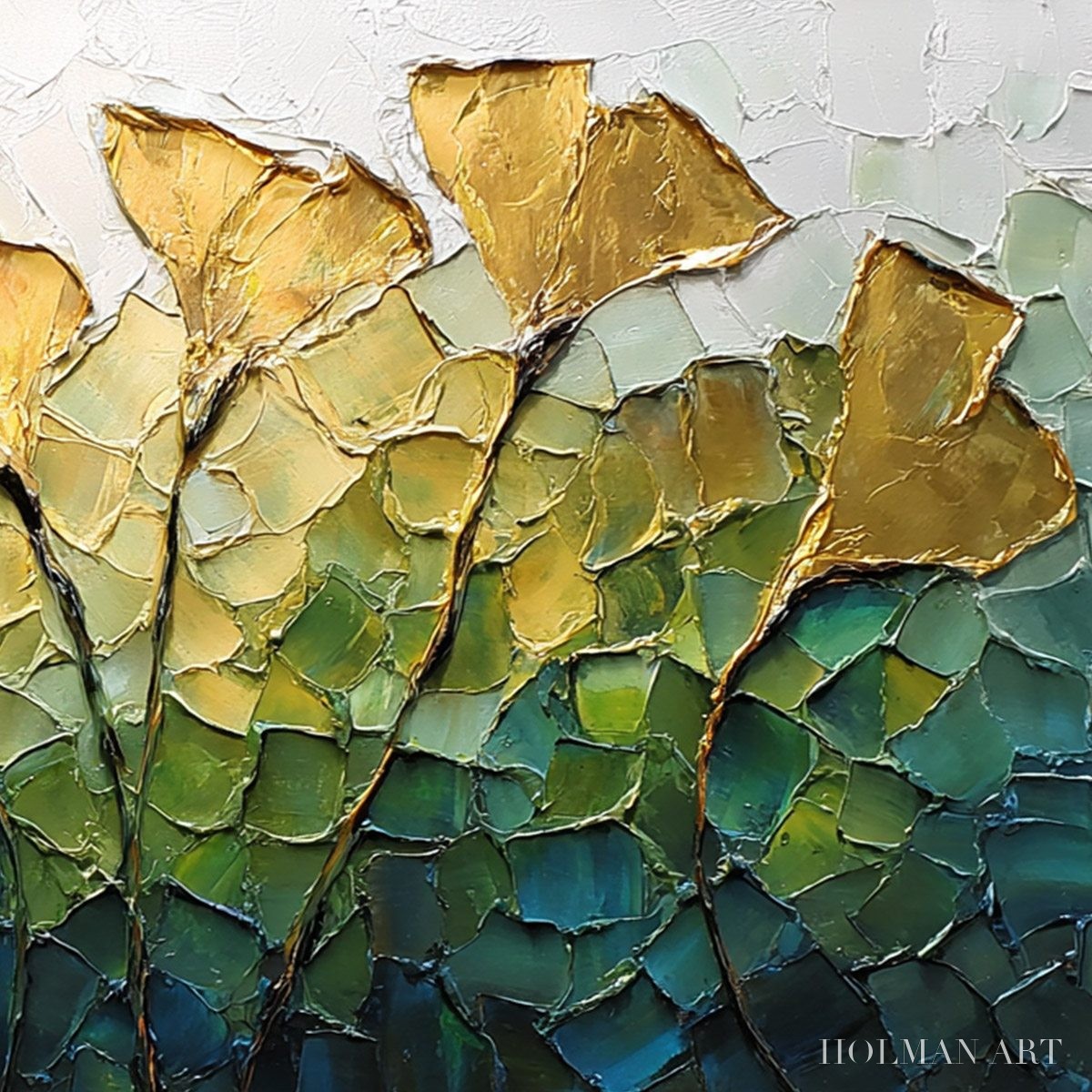HOLMAN ART Gilded Ginkgo – Textured Golden Floral Impasto Oil Painting - image 5