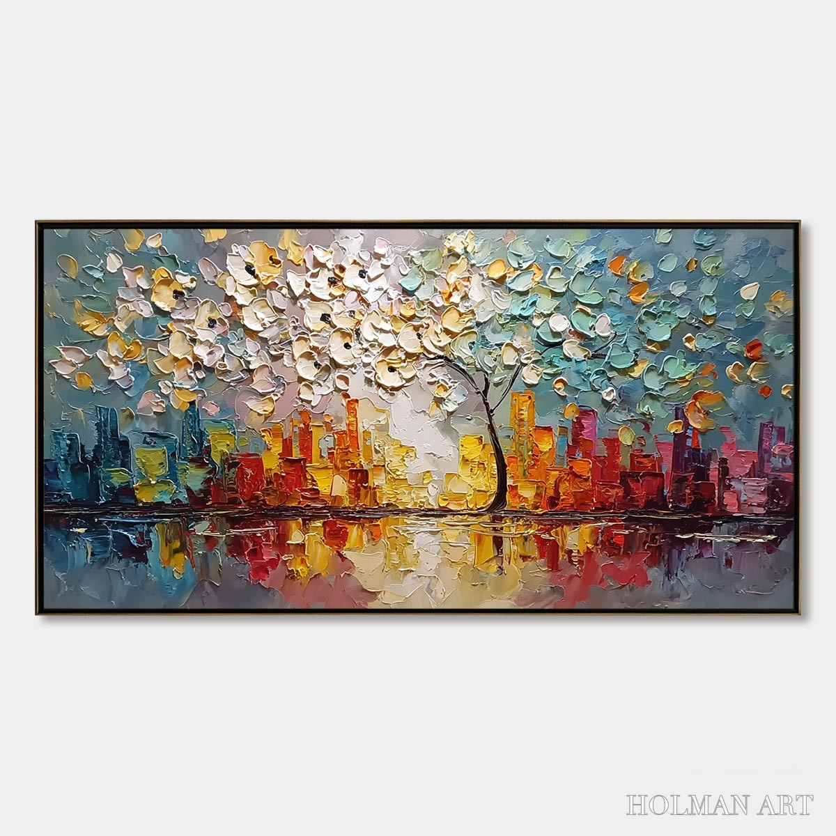 HOLMAN ART Urban Blossom – Textured Palette Knife Cityscape Reflection Painting - image 1