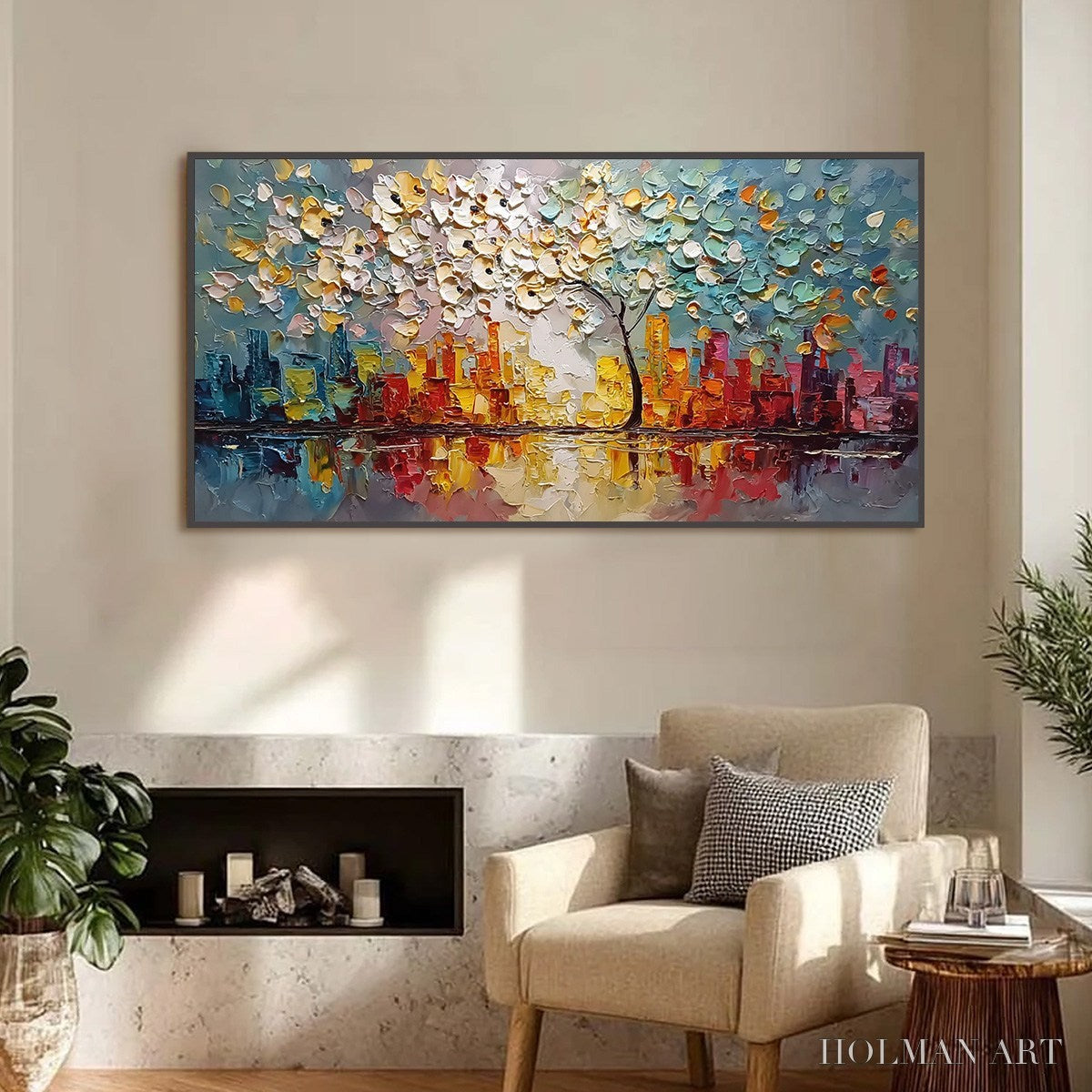 HOLMAN ART Urban Blossom – Textured Palette Knife Cityscape Reflection Painting - image 2
