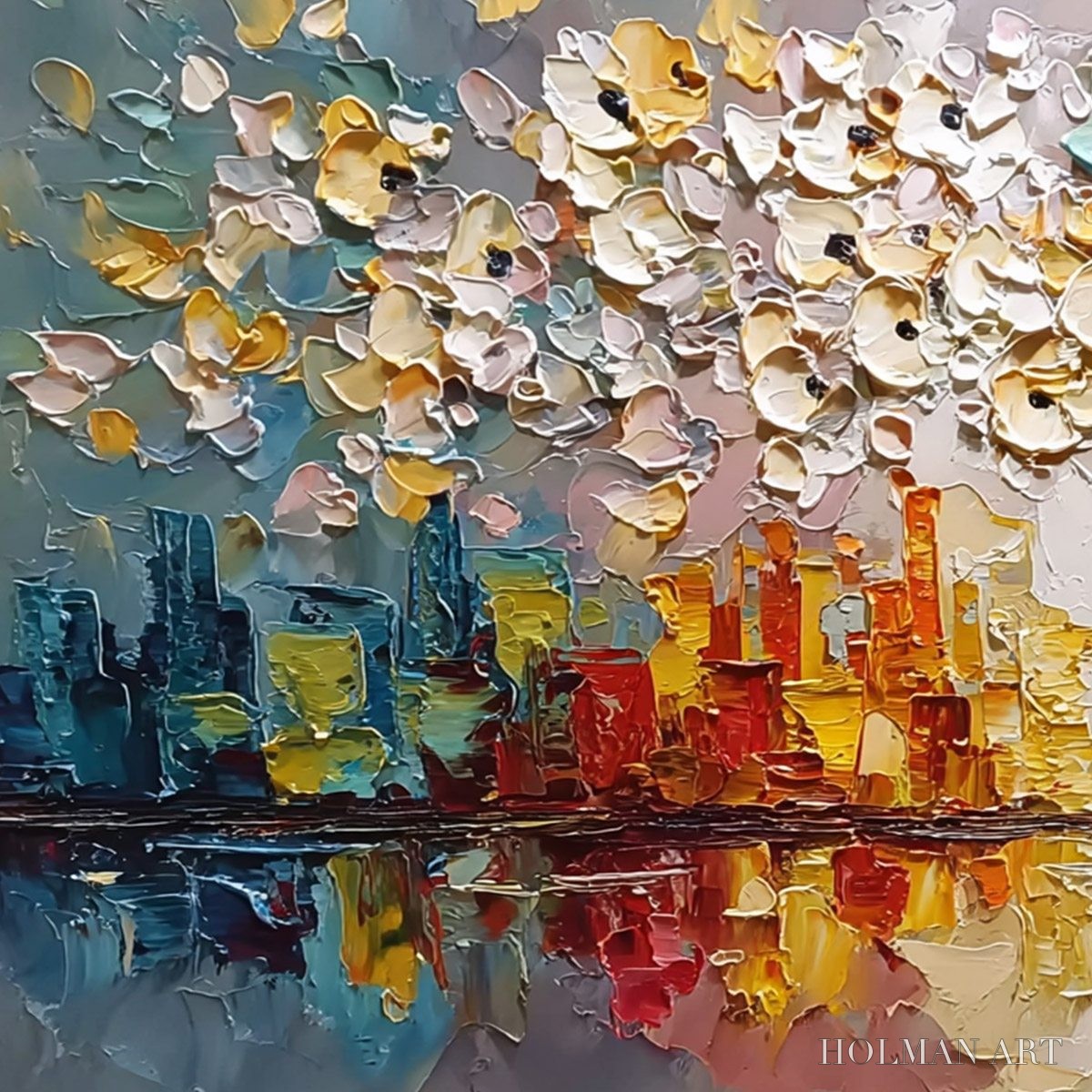 HOLMAN ART Urban Blossom – Textured Palette Knife Cityscape Reflection Painting - image 3