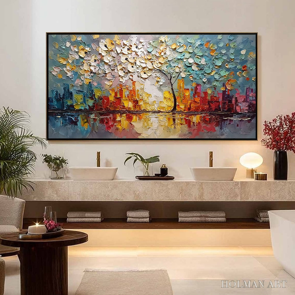 HOLMAN ART Urban Blossom – Textured Palette Knife Cityscape Reflection Painting - image 4