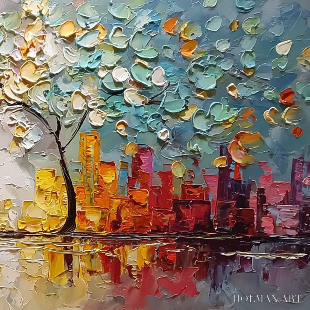 HOLMAN ART Urban Blossom – Textured Palette Knife Cityscape Reflection Painting - image 5