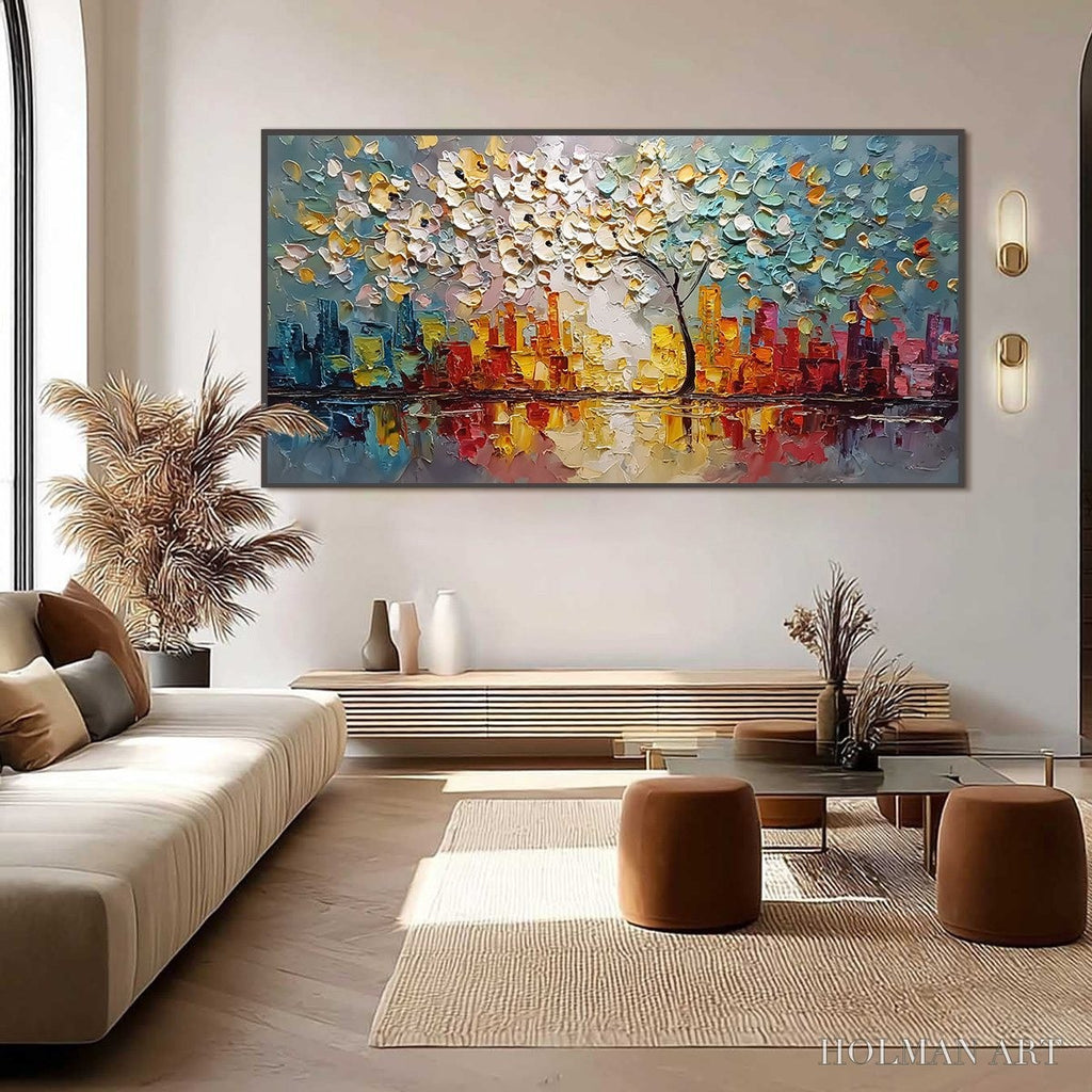 HOLMAN ART Urban Blossom – Textured Palette Knife Cityscape Reflection Painting - image 6
