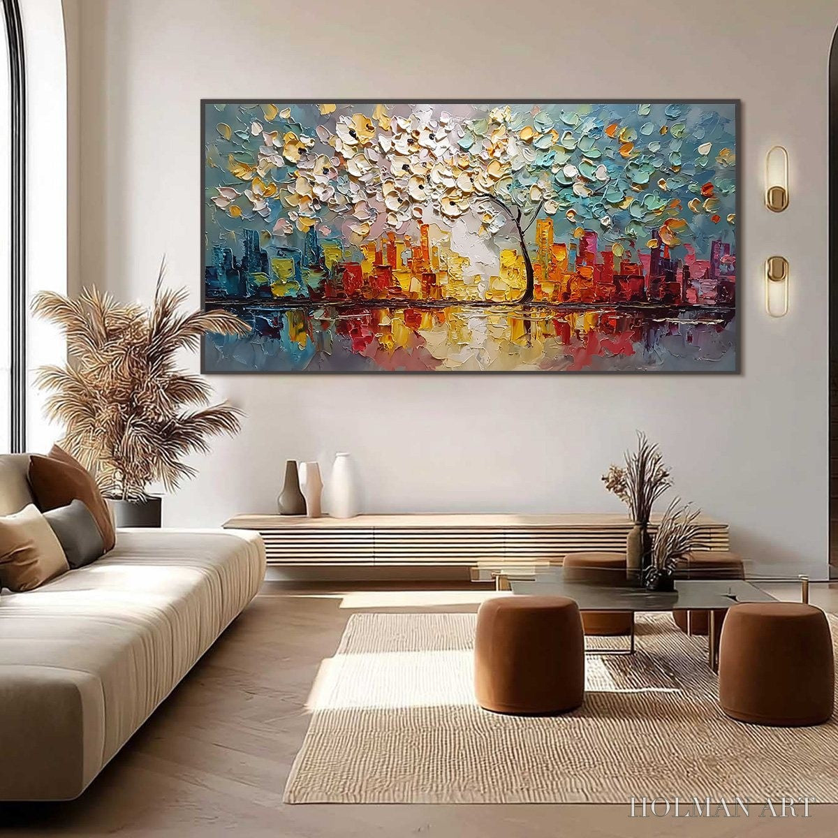 HOLMAN ART Urban Blossom – Textured Palette Knife Cityscape Reflection Painting - image 6