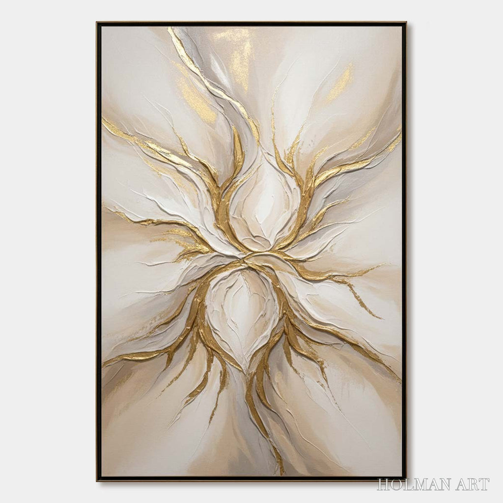 HOLMAN ART Ethereal Bloom – Textured Gold & White Abstract Floral Painting - image 1