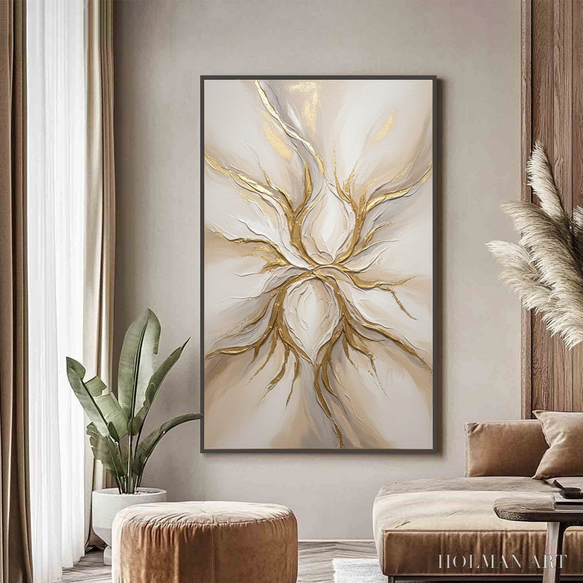 HOLMAN ART Ethereal Bloom – Textured Gold & White Abstract Floral Painting - image 2