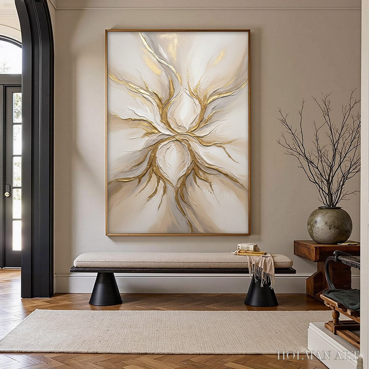 HOLMAN ART Ethereal Bloom – Textured Gold & White Abstract Floral Painting - image 4