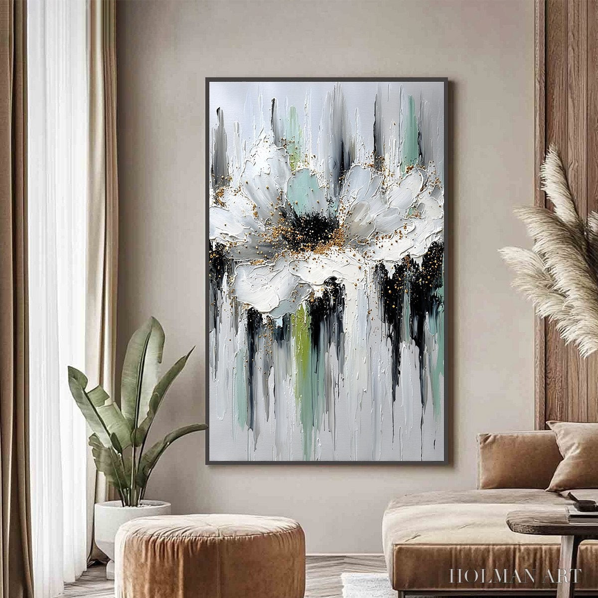 HOLMAN ART Celestial Bloom – Heavily Textured Abstract Floral Painting with Golden Accents - image 2