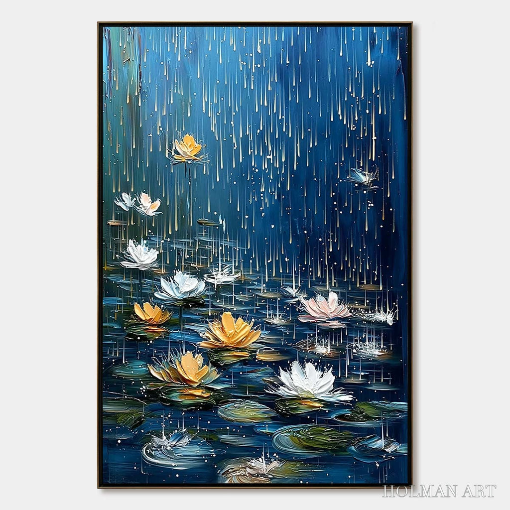 HOLMAN ART Celestial Rain – Textured Impasto Painting of Water Lilies in Rain - image 1
