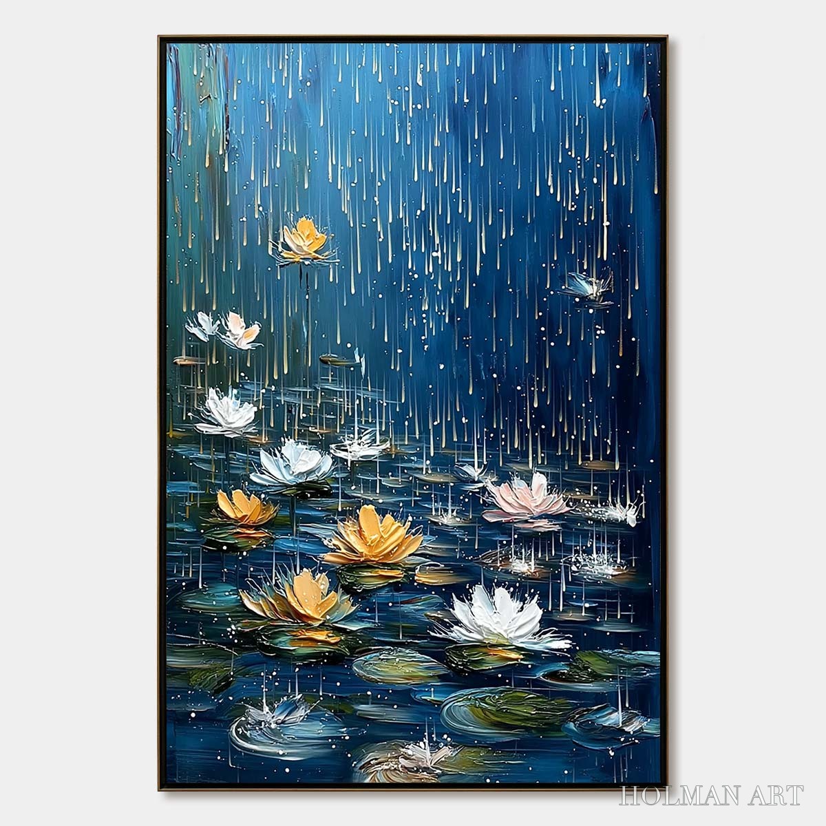 HOLMAN ART Celestial Rain – Textured Impasto Painting of Water Lilies in Rain - image 1