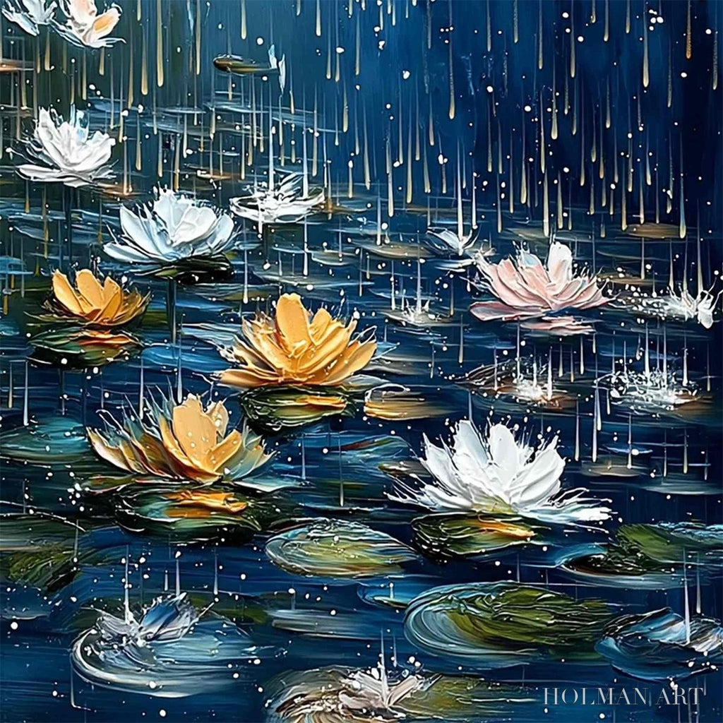 HOLMAN ART Celestial Rain – Textured Impasto Painting of Water Lilies in Rain - image 3