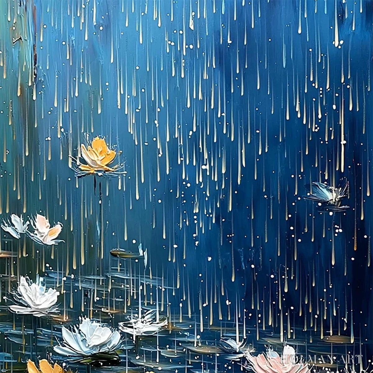 HOLMAN ART Celestial Rain – Textured Impasto Painting of Water Lilies in Rain - image 5