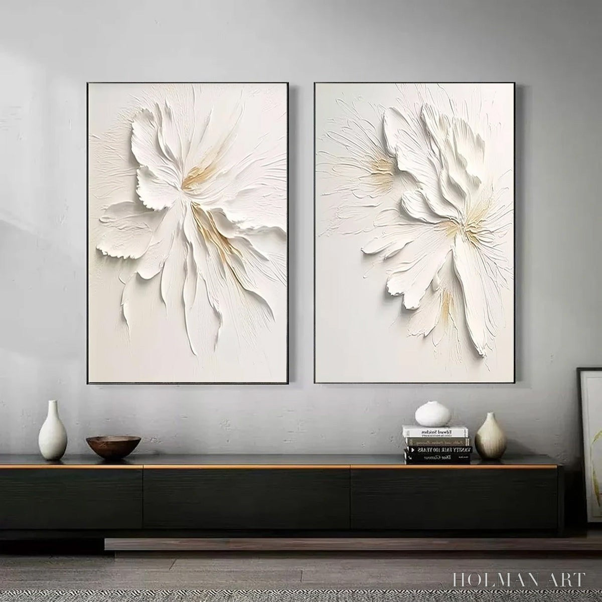 HOLMAN ART Ivory Whispers – Textured White Floral Impasto Painting Set - image 2