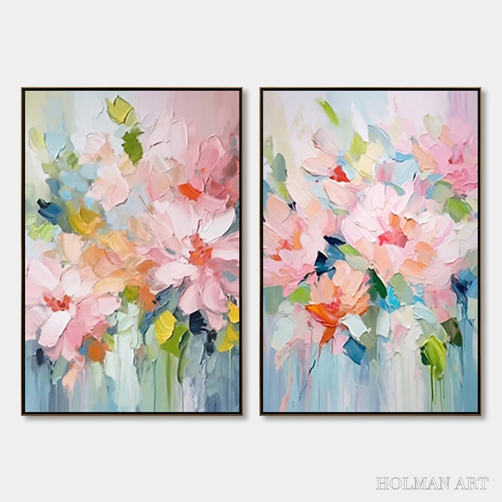 HOLMAN ART Blossom Chorale – Textured Impressionist Floral Diptych Oil Painting - image 1