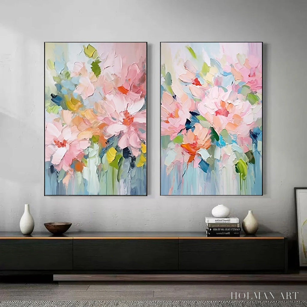 HOLMAN ART Blossom Chorale – Textured Impressionist Floral Diptych Oil Painting - image 3