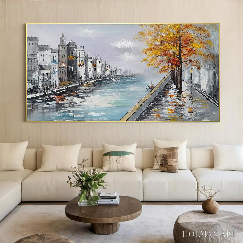 HOLMAN ART Ready to Ship | Parisian Autumn Stroll | 20''X40'' | 50x100cm | Gold Frame - image 1