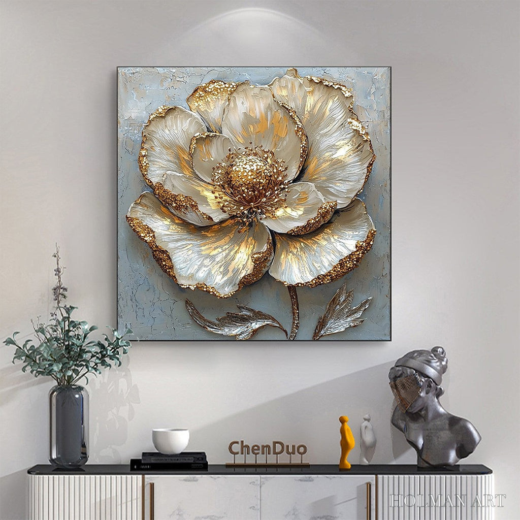 HOLMAN ART Golden Bloom – Textured Impasto Floral Oil Painting with Gold Accents - image 2