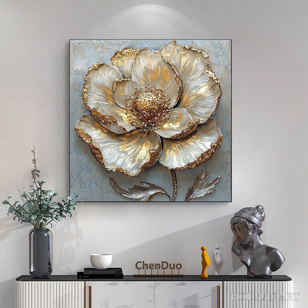 HOLMAN ART Golden Bloom – Textured Impasto Floral Oil Painting with Gold Accents - image 2