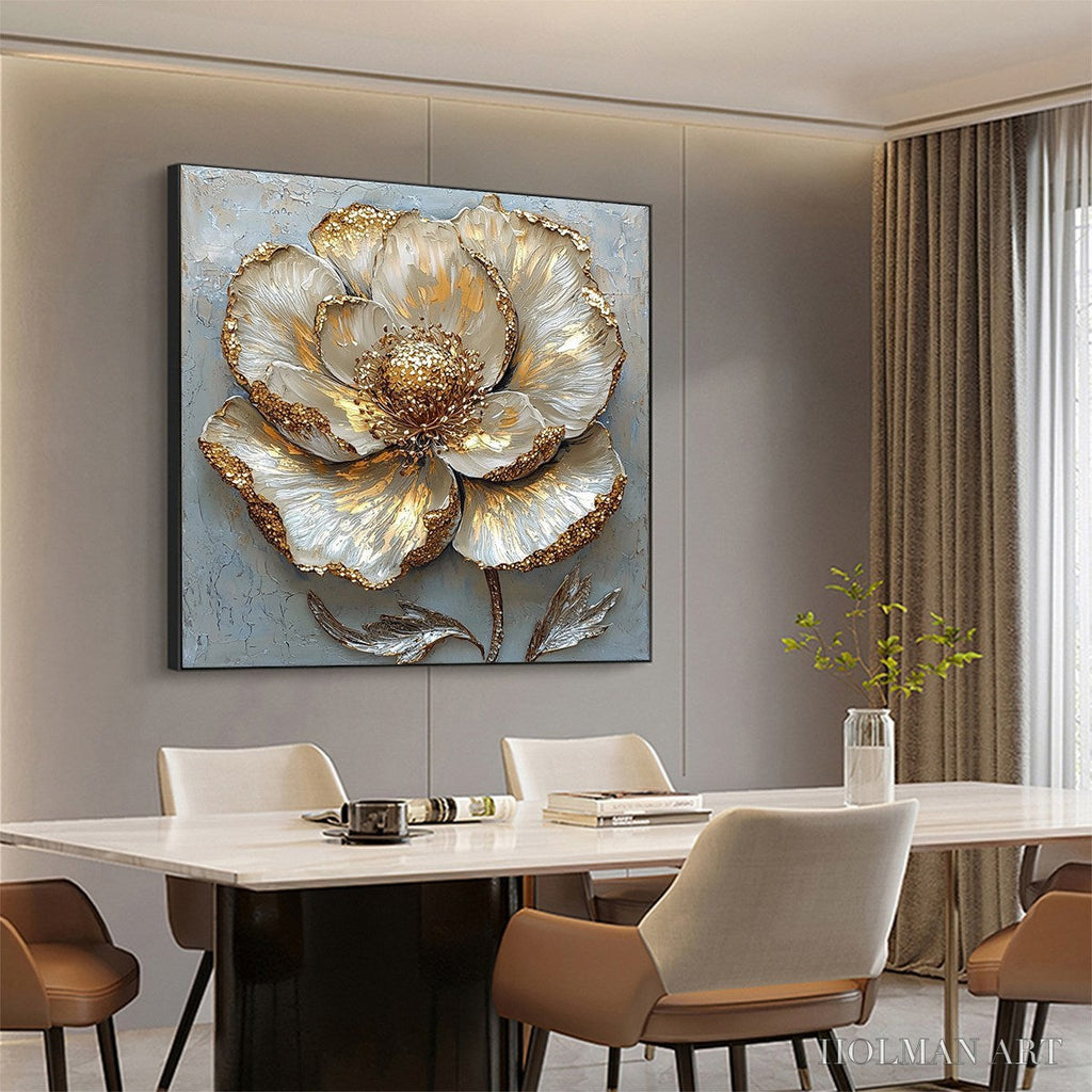 HOLMAN ART Golden Bloom – Textured Impasto Floral Oil Painting with Gold Accents - image 4