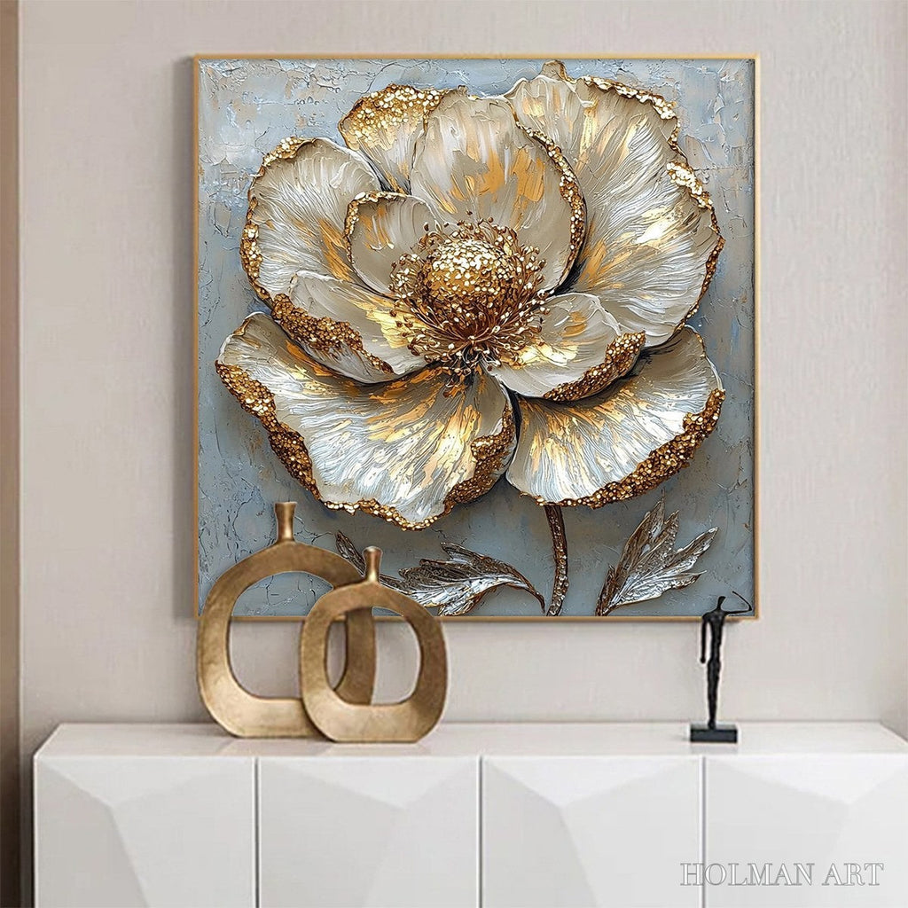 HOLMAN ART Golden Bloom – Textured Impasto Floral Oil Painting with Gold Accents - image 5