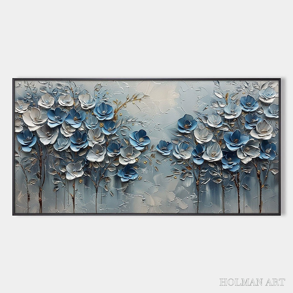 HOLMAN ART Azure Blossoms – Textured Blue and Gold Floral Oil Painting - image 1