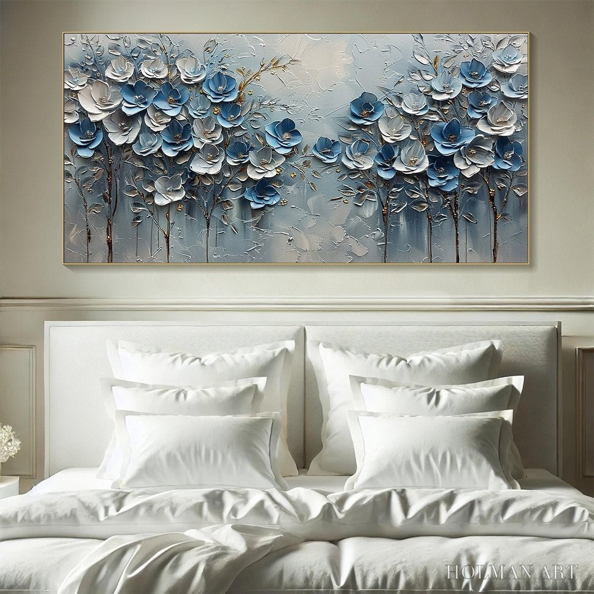 HOLMAN ART Azure Blossoms – Textured Blue and Gold Floral Oil Painting - image 2