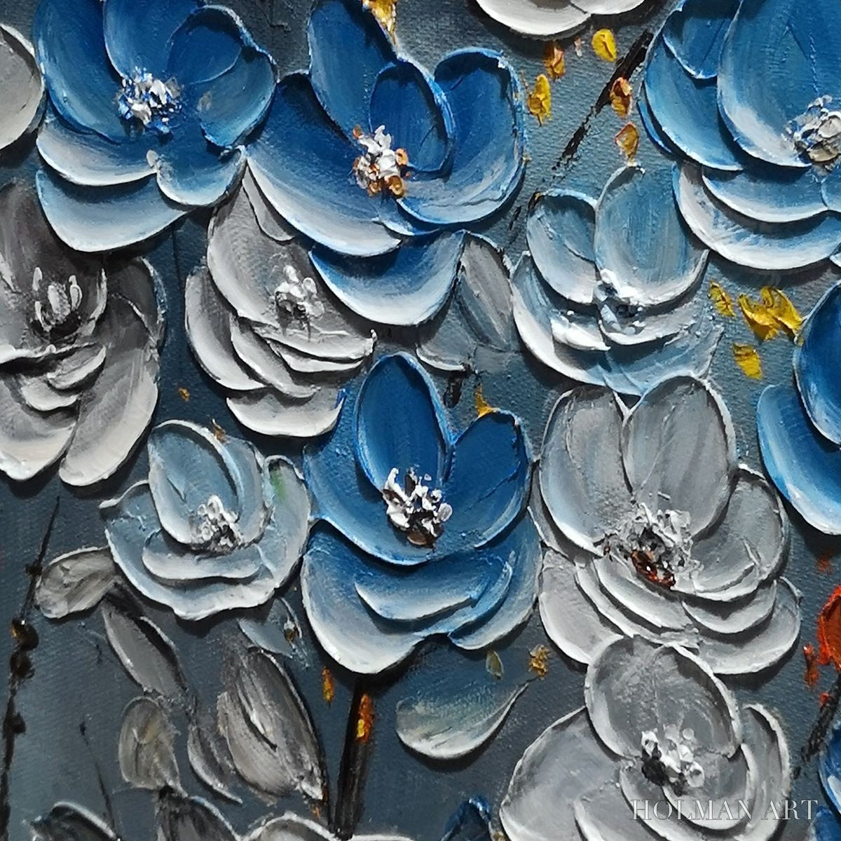 HOLMAN ART Azure Blossoms – Textured Blue and Gold Floral Oil Painting - image 3