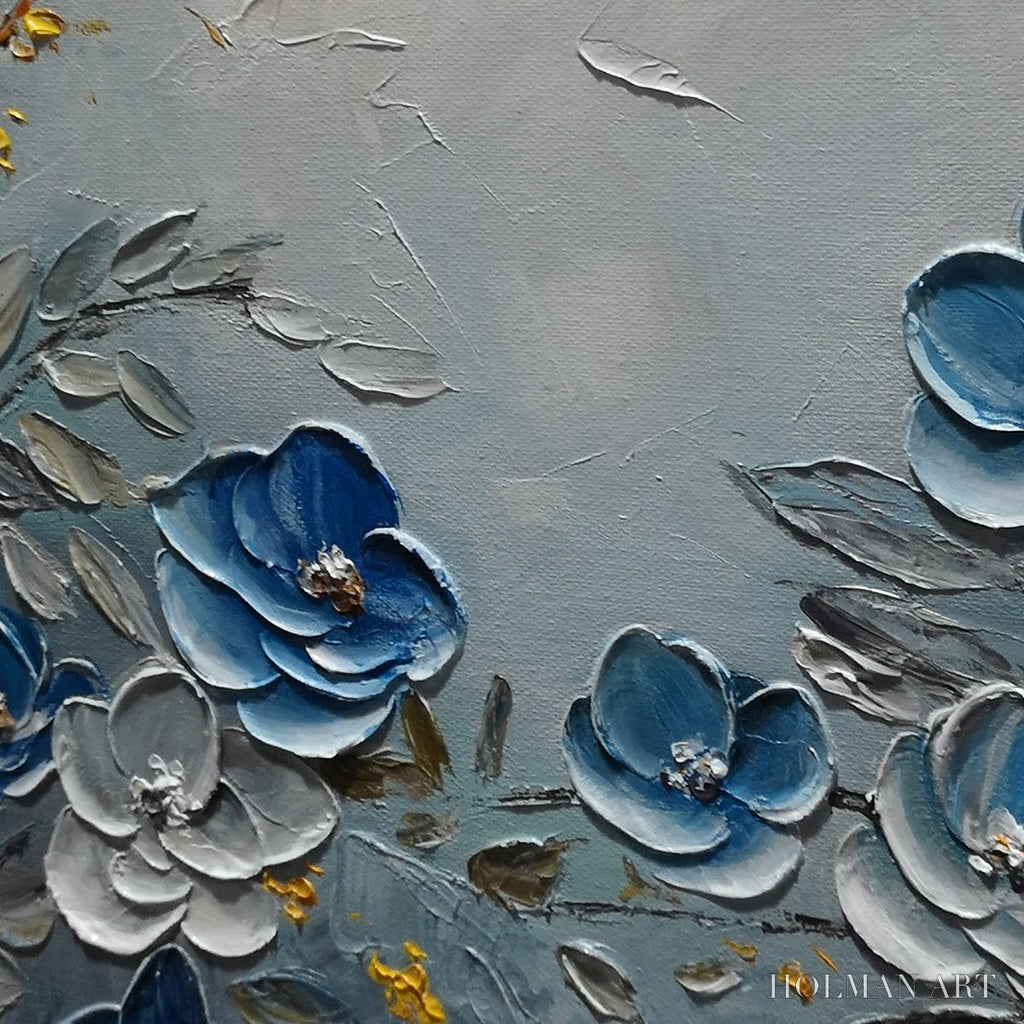 HOLMAN ART Azure Blossoms – Textured Blue and Gold Floral Oil Painting - image 5