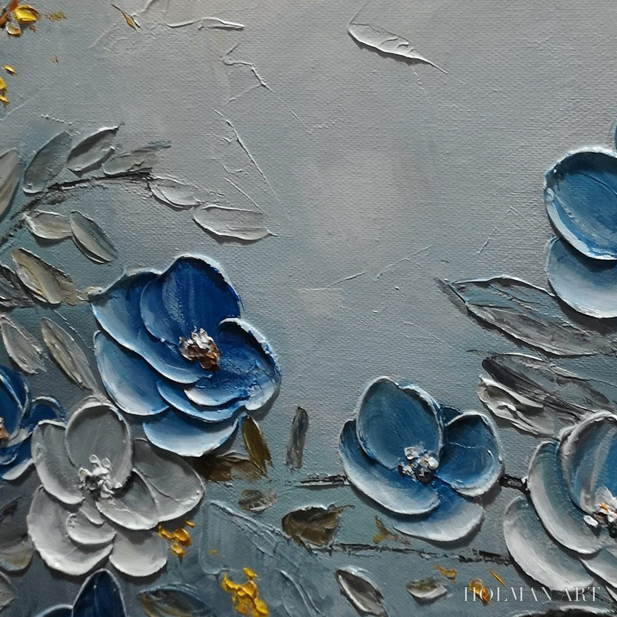 HOLMAN ART Azure Blossoms – Textured Blue and Gold Floral Oil Painting - image 5