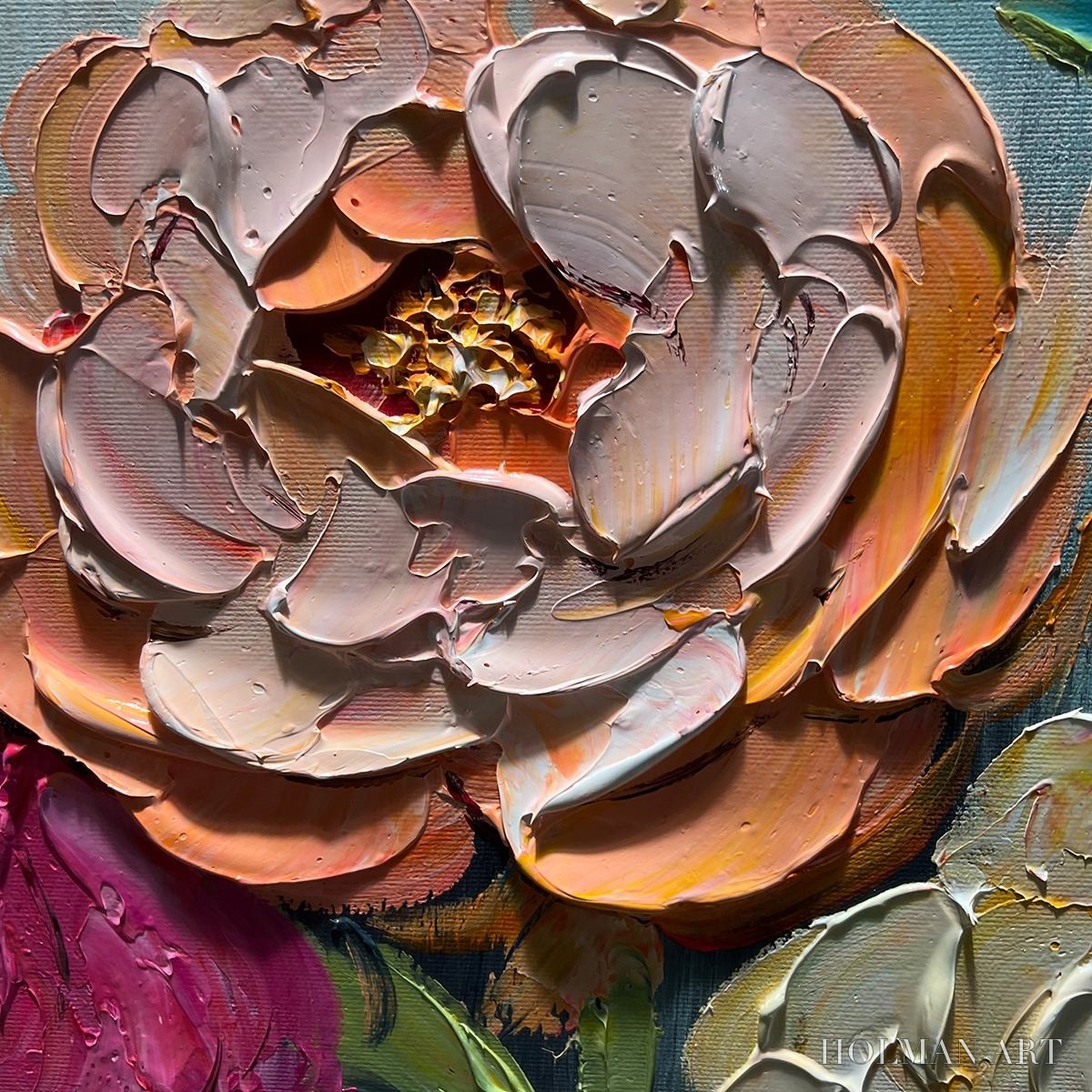 HOLMAN ART Sweet Peony Rhapsody – Textured Impasto Floral Oil Painting - image 3