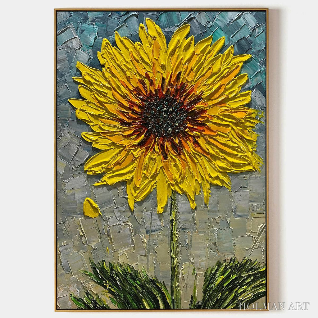 HOLMAN ART Solar Bloom – Textured Impasto Sunflower Oil Painting in Yellow and Grey - image 1