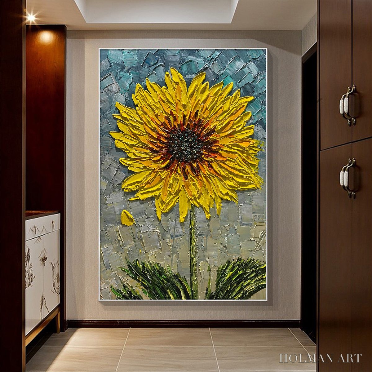 HOLMAN ART Solar Bloom – Textured Impasto Sunflower Oil Painting in Yellow and Grey - image 2