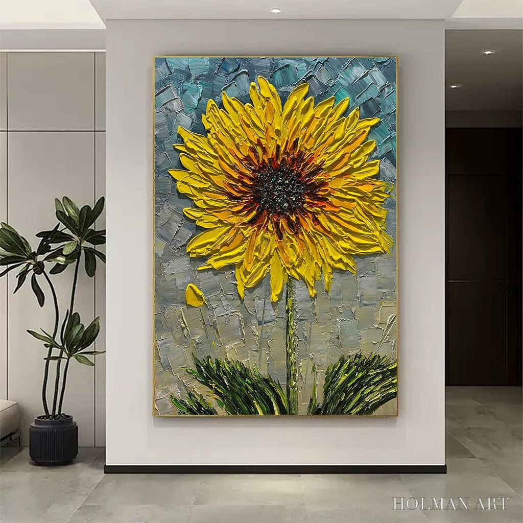 HOLMAN ART Solar Bloom – Textured Impasto Sunflower Oil Painting in Yellow and Grey - image 4