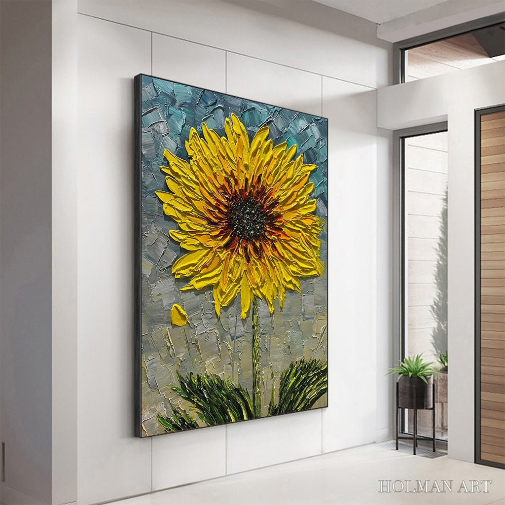 HOLMAN ART Solar Bloom – Textured Impasto Sunflower Oil Painting in Yellow and Grey - image 5