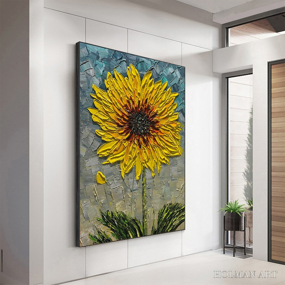 HOLMAN ART Solar Bloom – Textured Impasto Sunflower Oil Painting in Yellow and Grey - image 5
