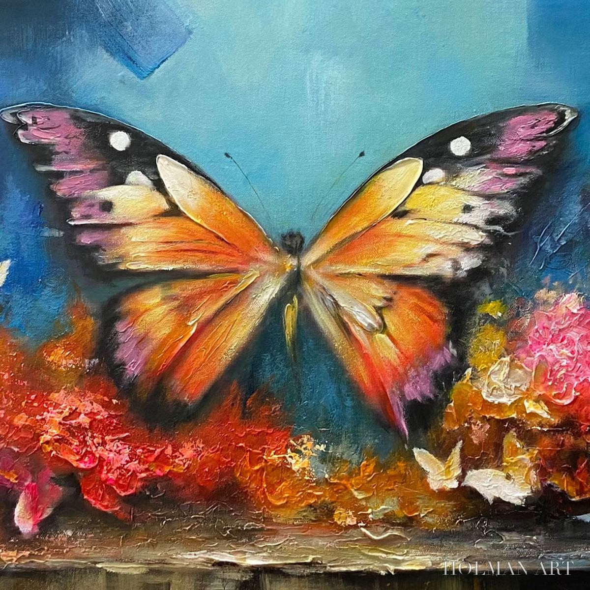 HOLMAN ART Monarch'S Repose – Orange and Purple Butterfly with Floral Impasto Oil Painting - image 3