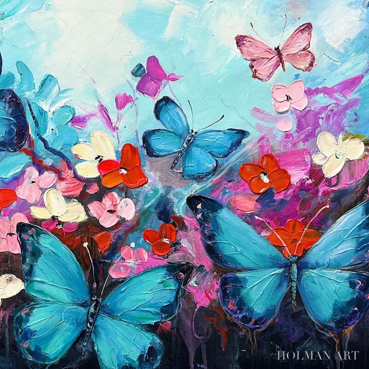 HOLMAN ART Butterfly Waltz – Colorful Butterfly and Floral Impasto Oil Painting - image 3