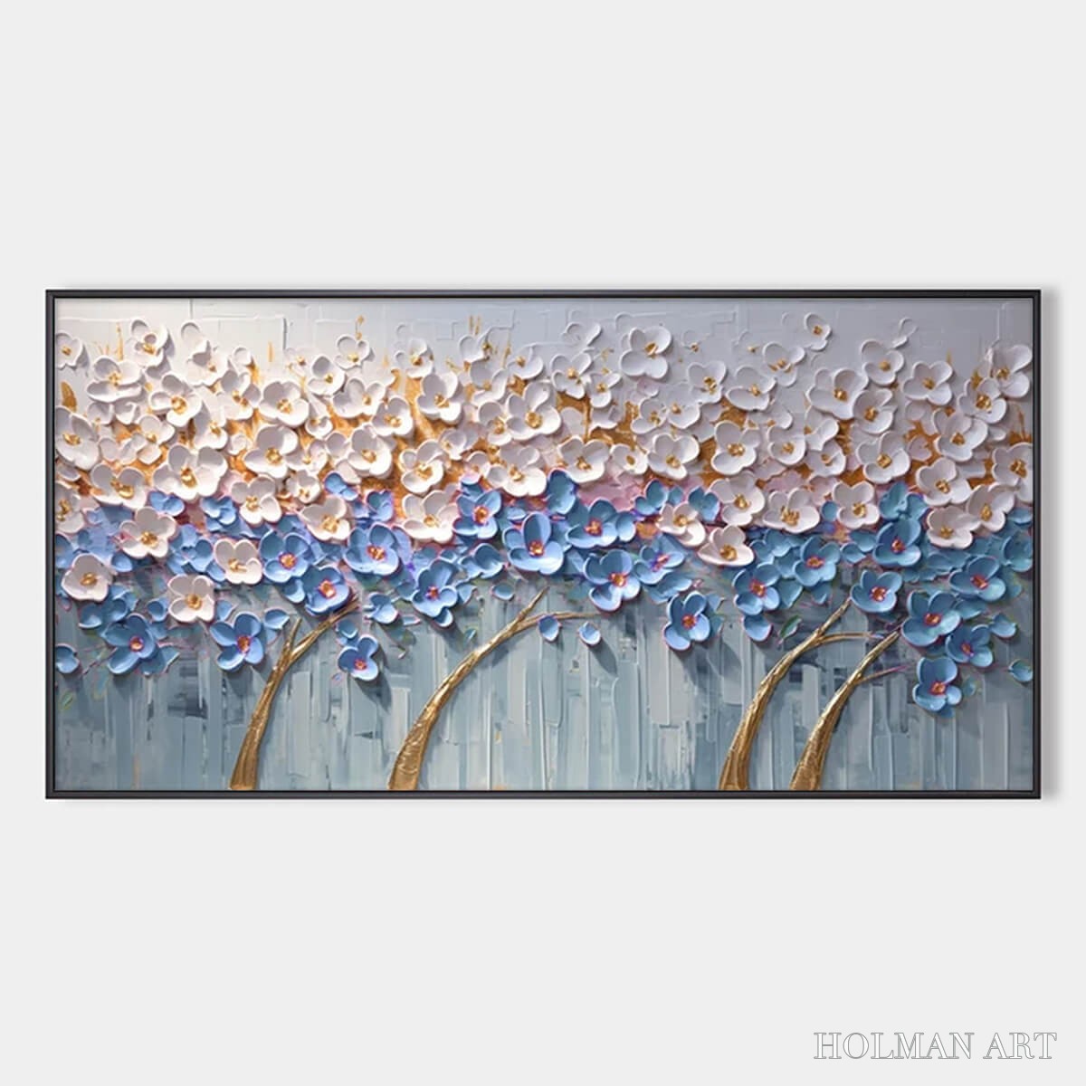HOLMAN ART Azure Dream – Textured Floral Landscape Oil Painting in Blue, White, and Gold - image 1