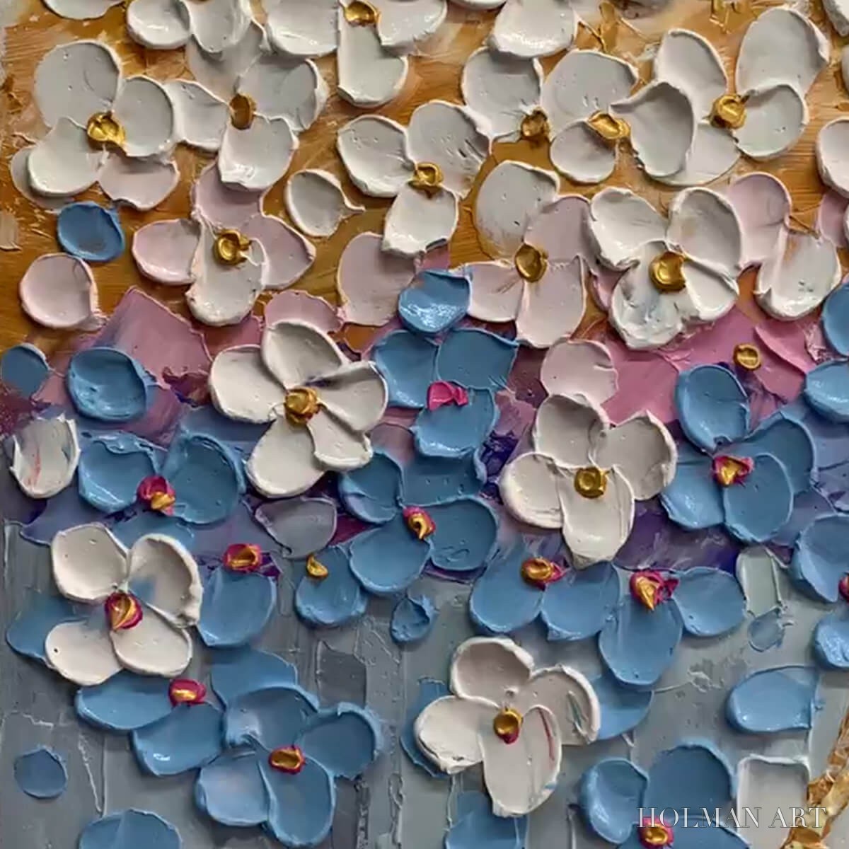 HOLMAN ART Azure Dream – Textured Floral Landscape Oil Painting in Blue, White, and Gold - image 3