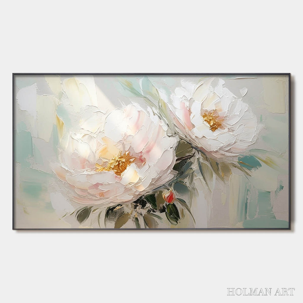 HOLMAN ART Serene Blossoms – Textured Floral Oil Painting in Soft White and Blush - image 1
