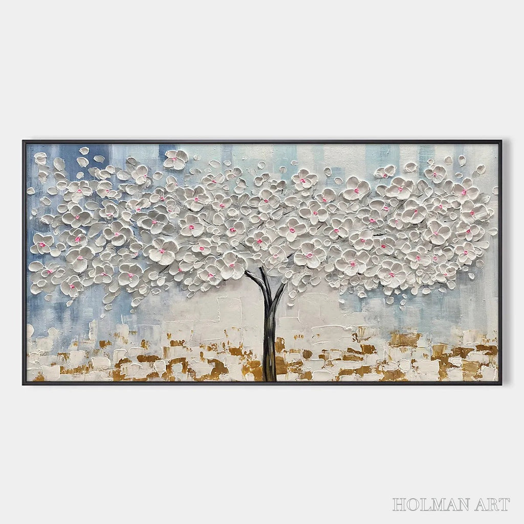 HOLMAN ART Blossom Dream – Textured Blossom Tree Painting in White and Gold - image 1