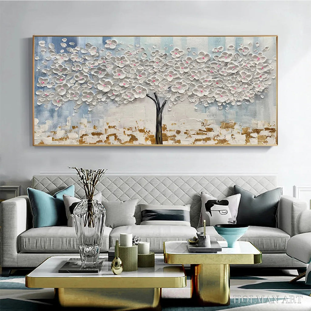 HOLMAN ART Blossom Dream – Textured Blossom Tree Painting in White and Gold - image 2