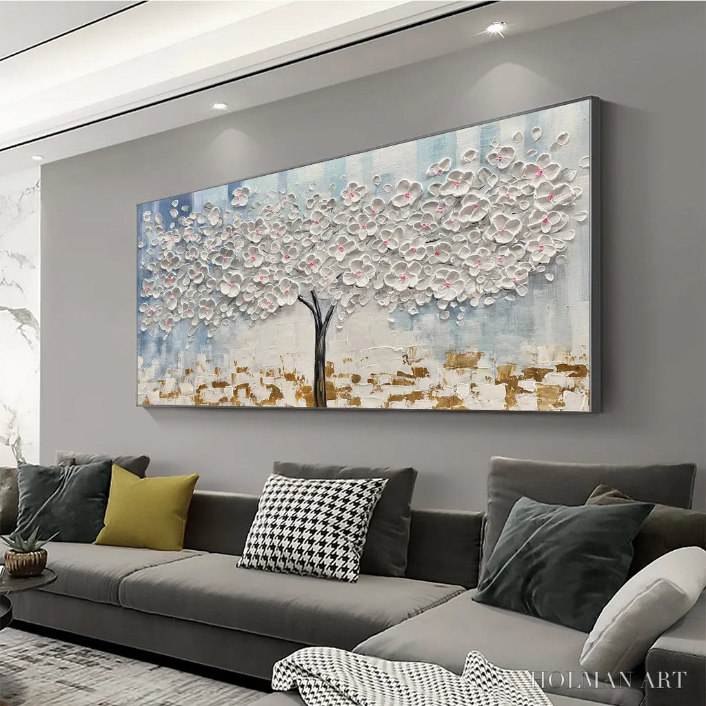 HOLMAN ART Blossom Dream – Textured Blossom Tree Painting in White and Gold - image 4