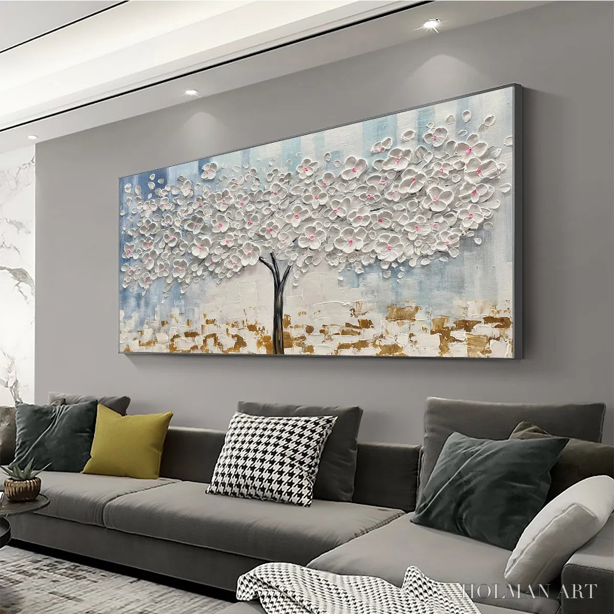 HOLMAN ART Blossom Dream – Textured Blossom Tree Painting in White and Gold - image 4