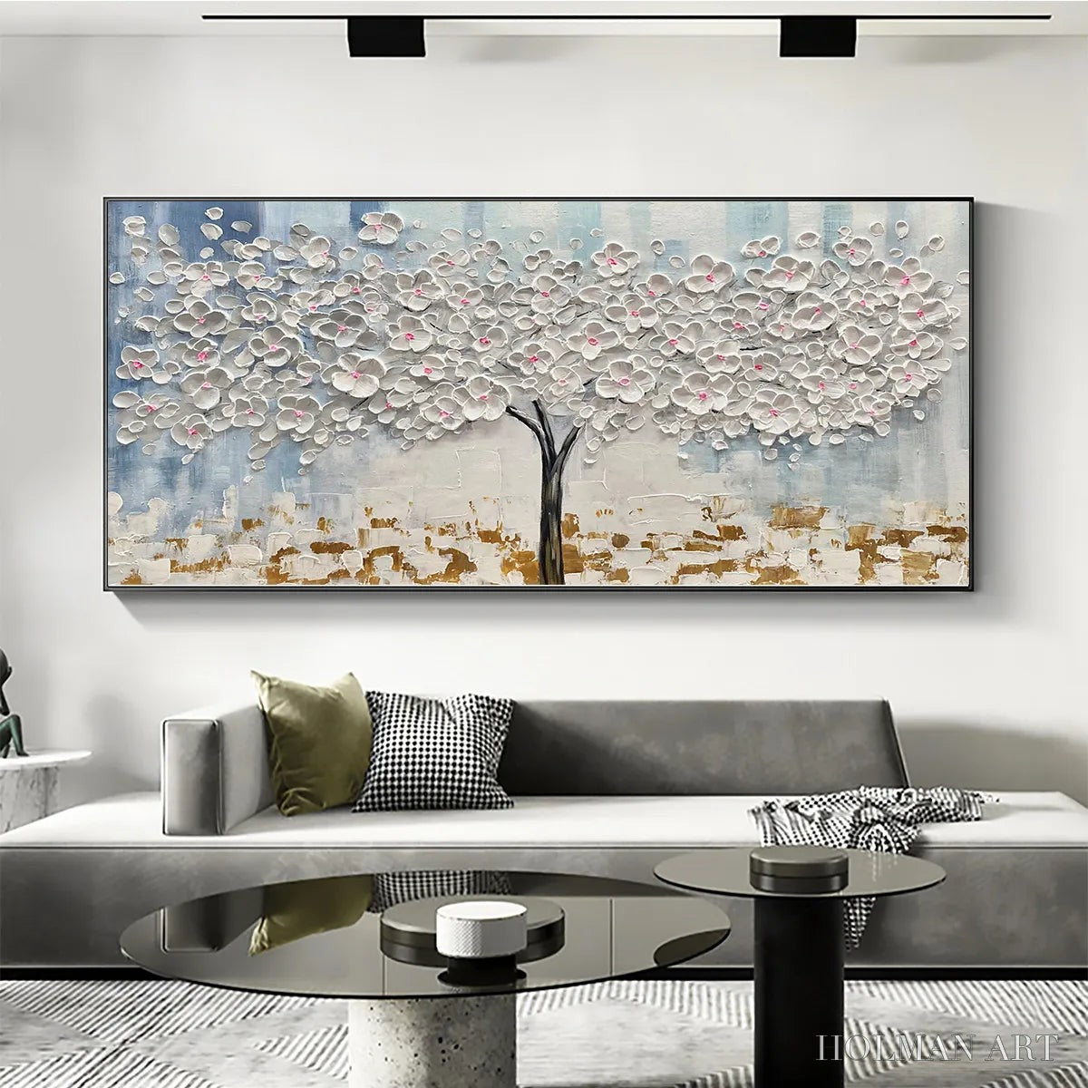 HOLMAN ART Blossom Dream – Textured Blossom Tree Painting in White and Gold - image 6