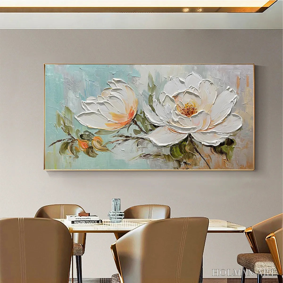 HOLMAN ART Peony Harmony – Impasto Peony Painting in Soft White and Peach - image 2