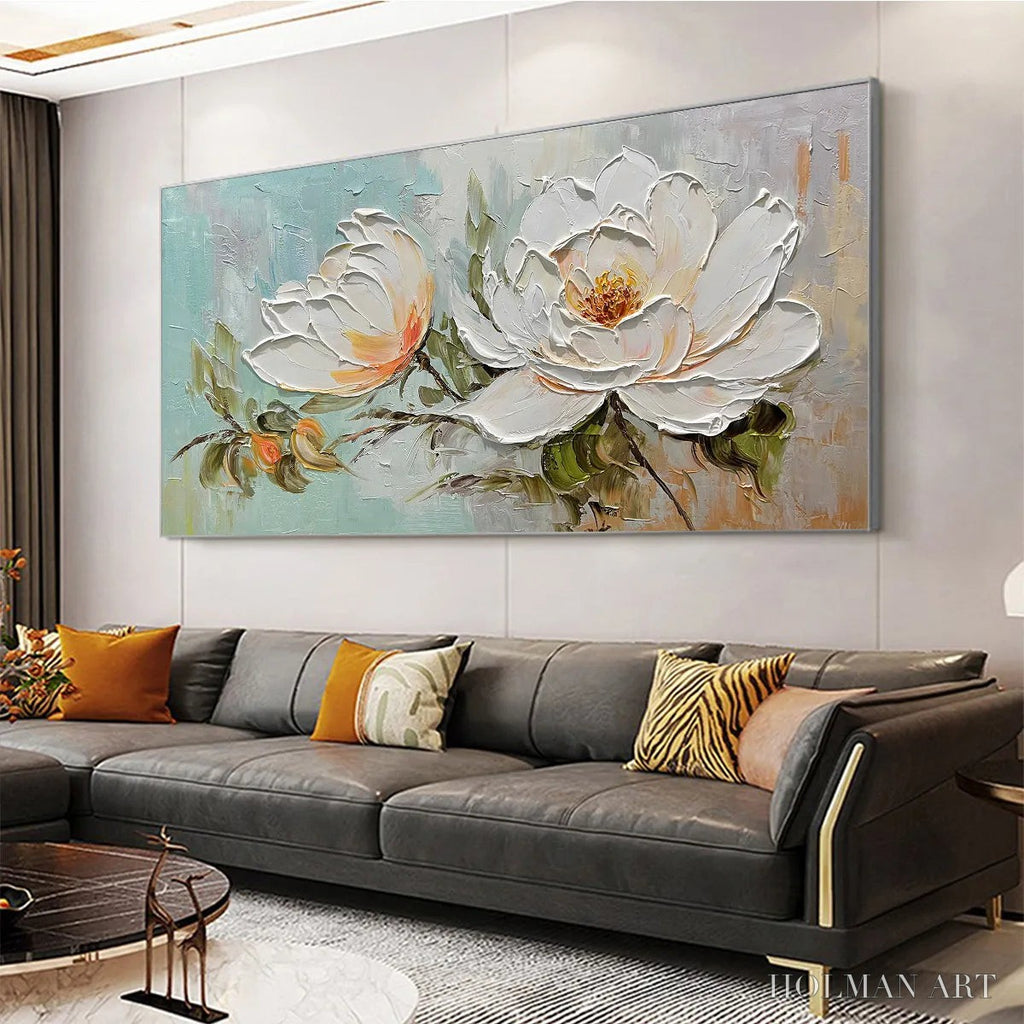 HOLMAN ART Peony Harmony – Impasto Peony Painting in Soft White and Peach - image 4