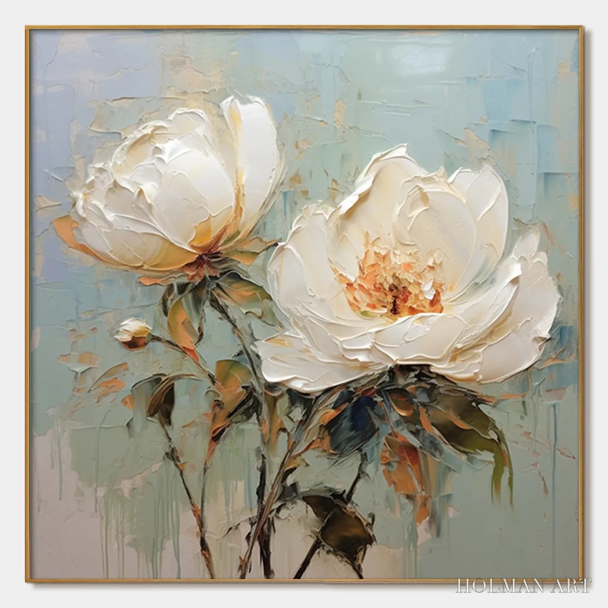 HOLMAN ART White Peony Duet – Square Impasto Peony Painting in Soft White - image 1